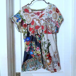 Johnny Was Floral V-neck Button A-Line Cotton Tunic Pockets Size XL
